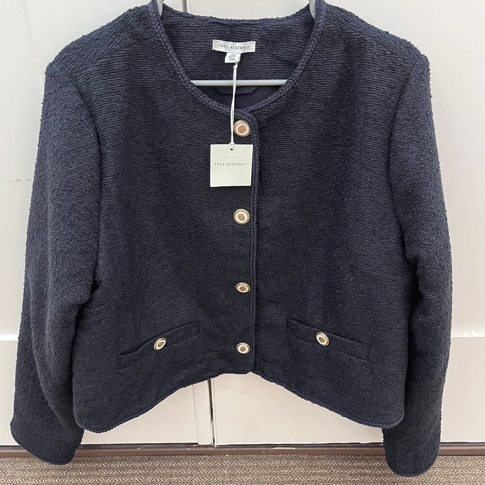 Free Assembly Navy Bouclé Tweed Jacket Gold Buttons NWT XXL